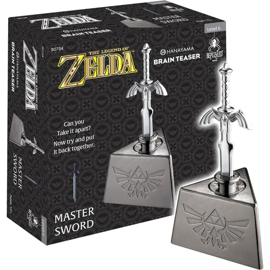 Legend of Zelda Master Sword Level 6 metal brain teaser puzzle shown with Triforce base and retail box