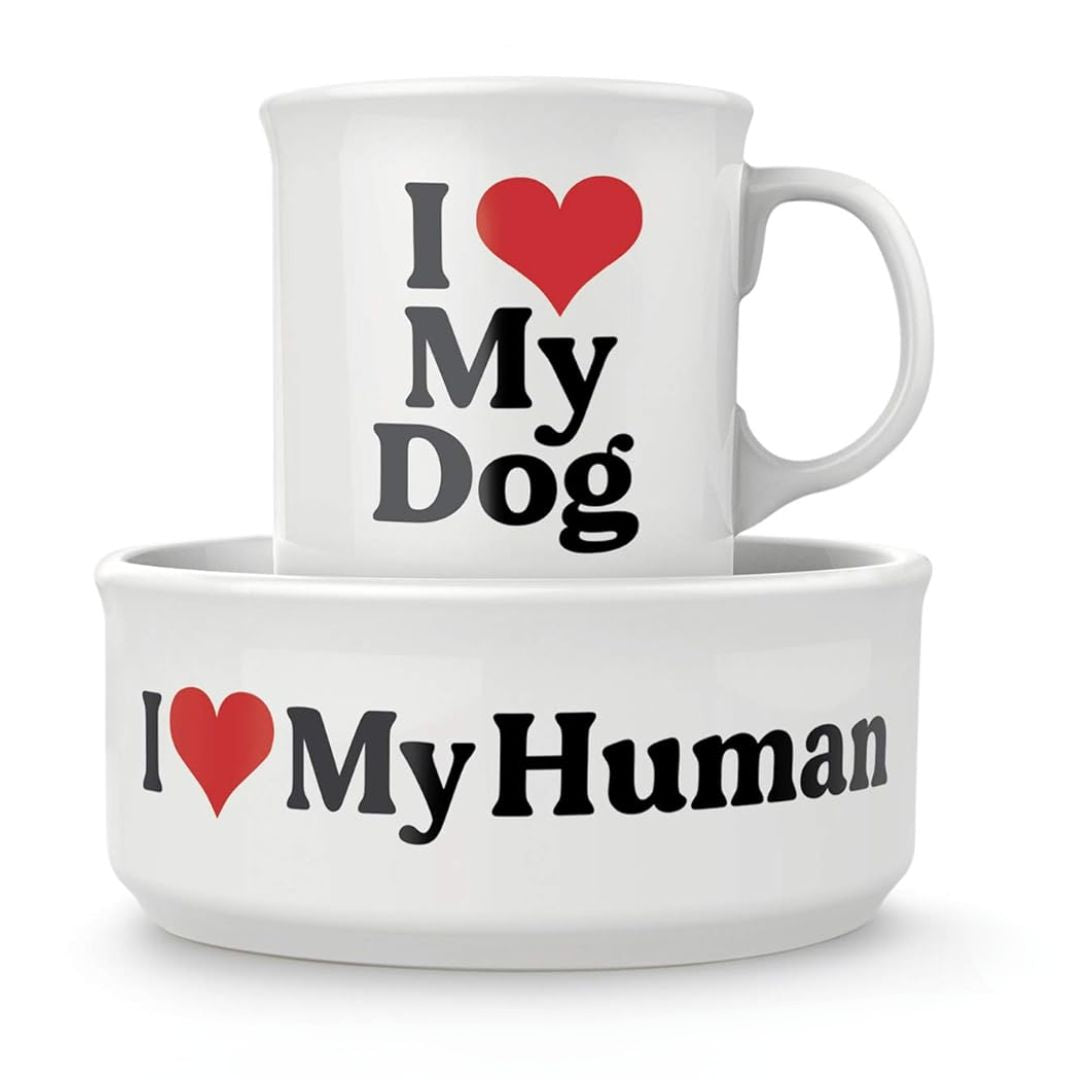 White mug and bowl set with 'I ❤️ My Dog' and 'I ❤️ My Human' text on a white background