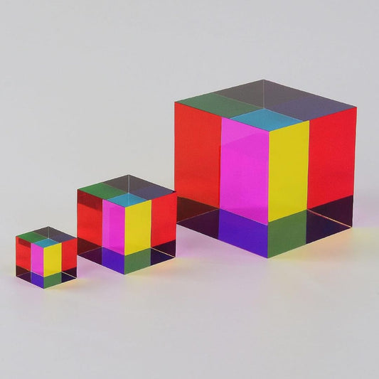 MY Cubes Mega CMY optical color cubes in three sizes demonstrating cyan, magenta and yellow subtractive color mixing
