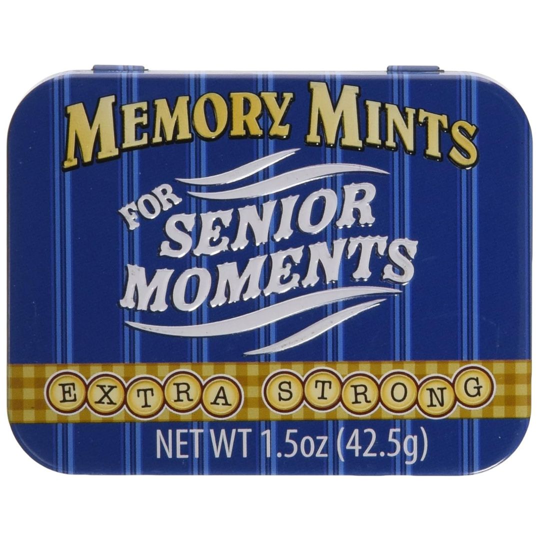 A humorous tin box of Memory Mints for Senior Moments, Extra Strong.