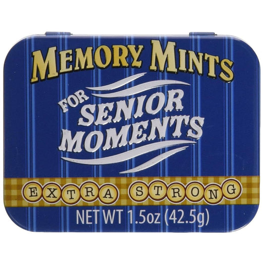 A humorous tin box of Memory Mints for Senior Moments, Extra Strong.