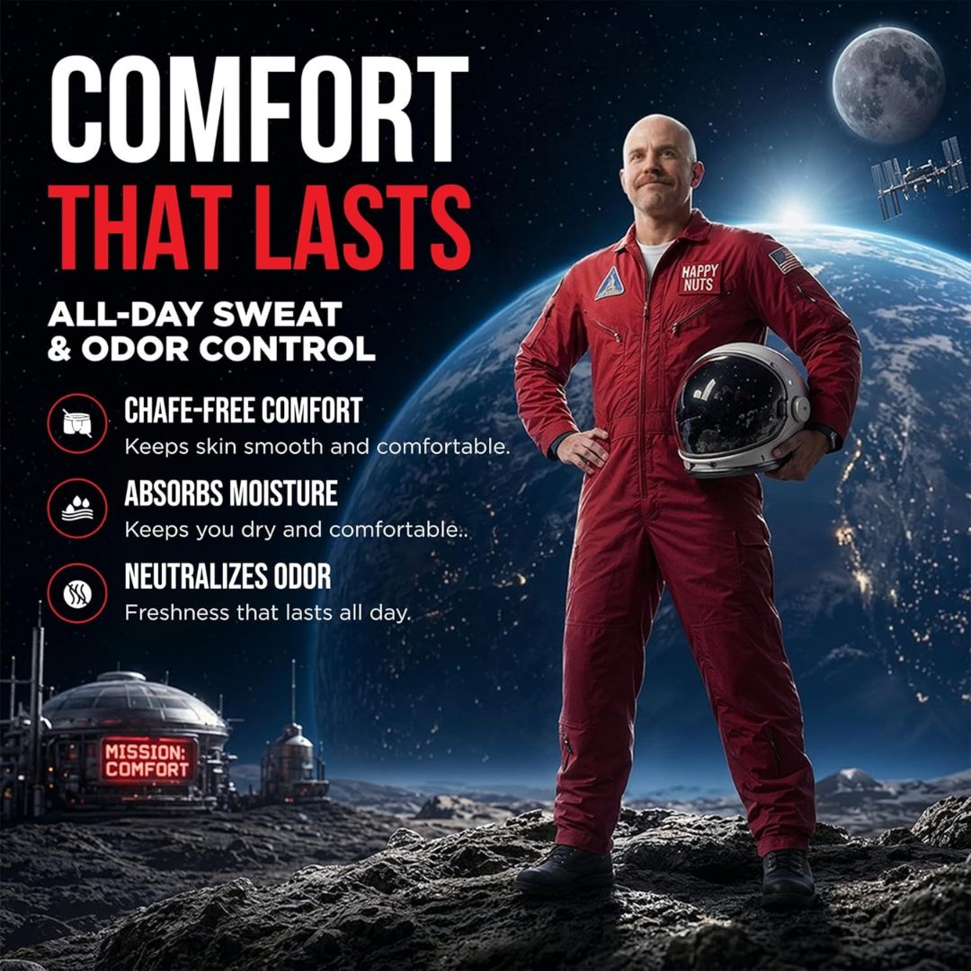 Person in red space suit holding a helmet with Earth and space background, promoting comfort and odor control.