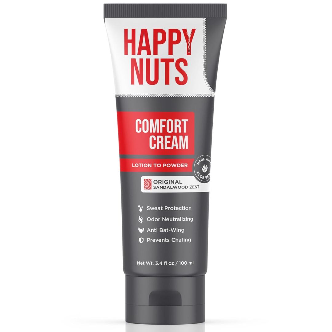Tube of mens Happy Nuts Comfort Cream on a white background
