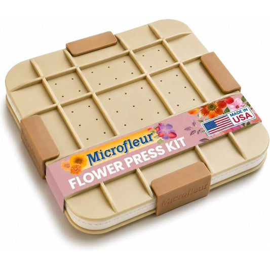 Microwave flower press kit with vented pressing plates, padded layers and secure corner clips for quickly drying flowers