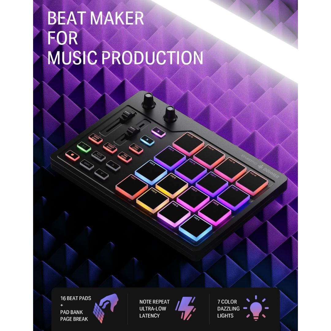 Colorful MIDI pad beat maker with headline 'beat maker for music production'