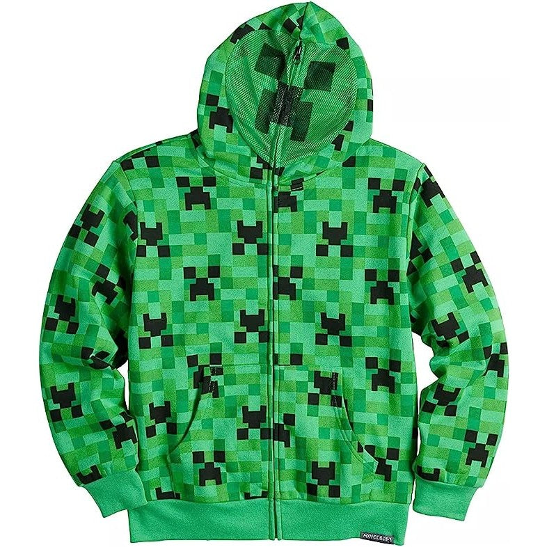 A Minecraft creeper hoodie for boys.