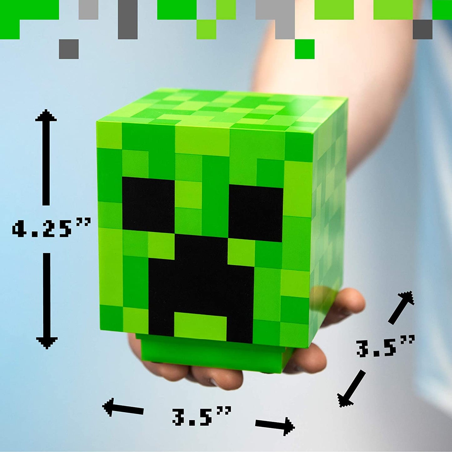 Size measurements for a Minecraft creeper light. 4.24 inches in height, 3.5 inches in length and 3.5 inches in depth.