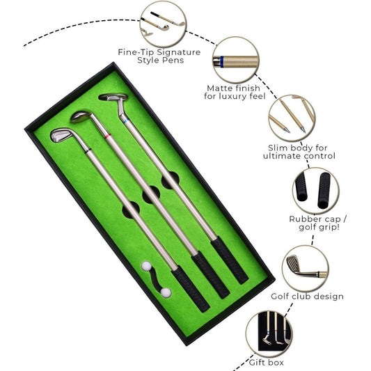 A mini desktop golf club pen set presented in an open black gift box with a bright green insert, shown on a white background with callout circles and text highlighting features such as fine-tip signature style pens, matte finish, slim body, rubber cap, and golf club design.