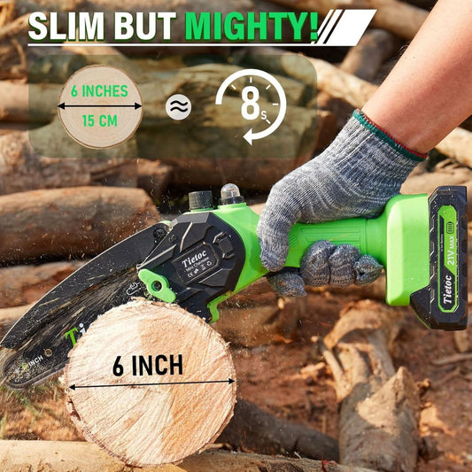6 inch Tietoc green mini electric chainsaw slicing through a log with text, 'Slim but mighty'