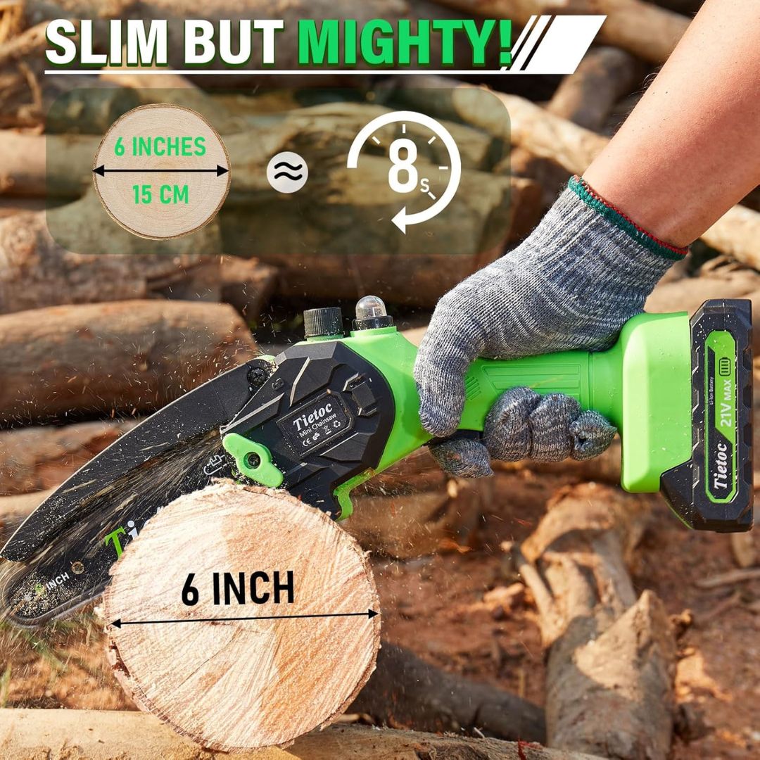 6 inch Tietoc green mini electric chainsaw slicing through a log with text, 'Slim but mighty'
