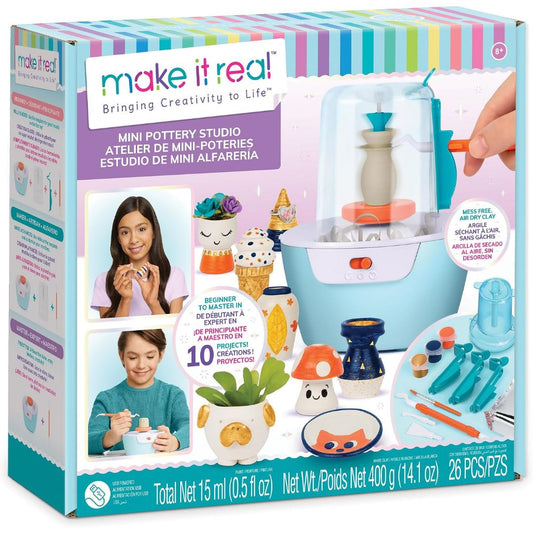 Make It Real Mini Pottery Studio 26-piece DIY kit packaging with air-dry clay, pottery wheel, paints, tools and project examples