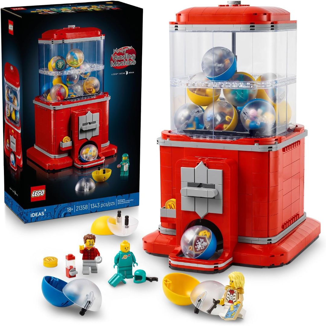 LEGO Ideas minifigure vending machine set with 1,343 pieces, capsules, minifigures and retail box