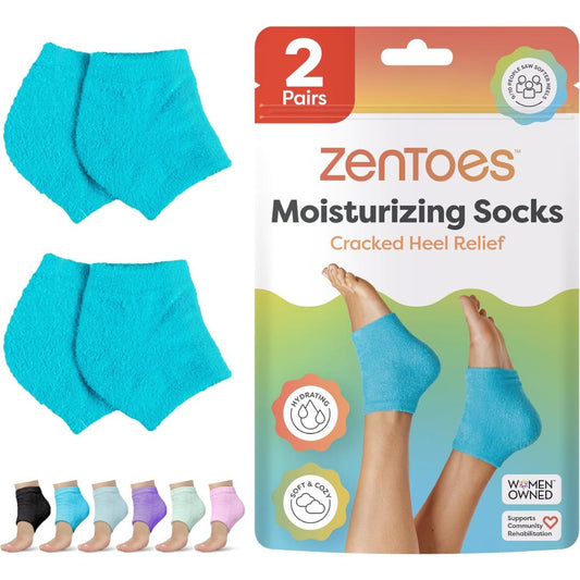 Two pairs of blue moisturizing heel socks with gel lining for cracked heel relief and hydration
