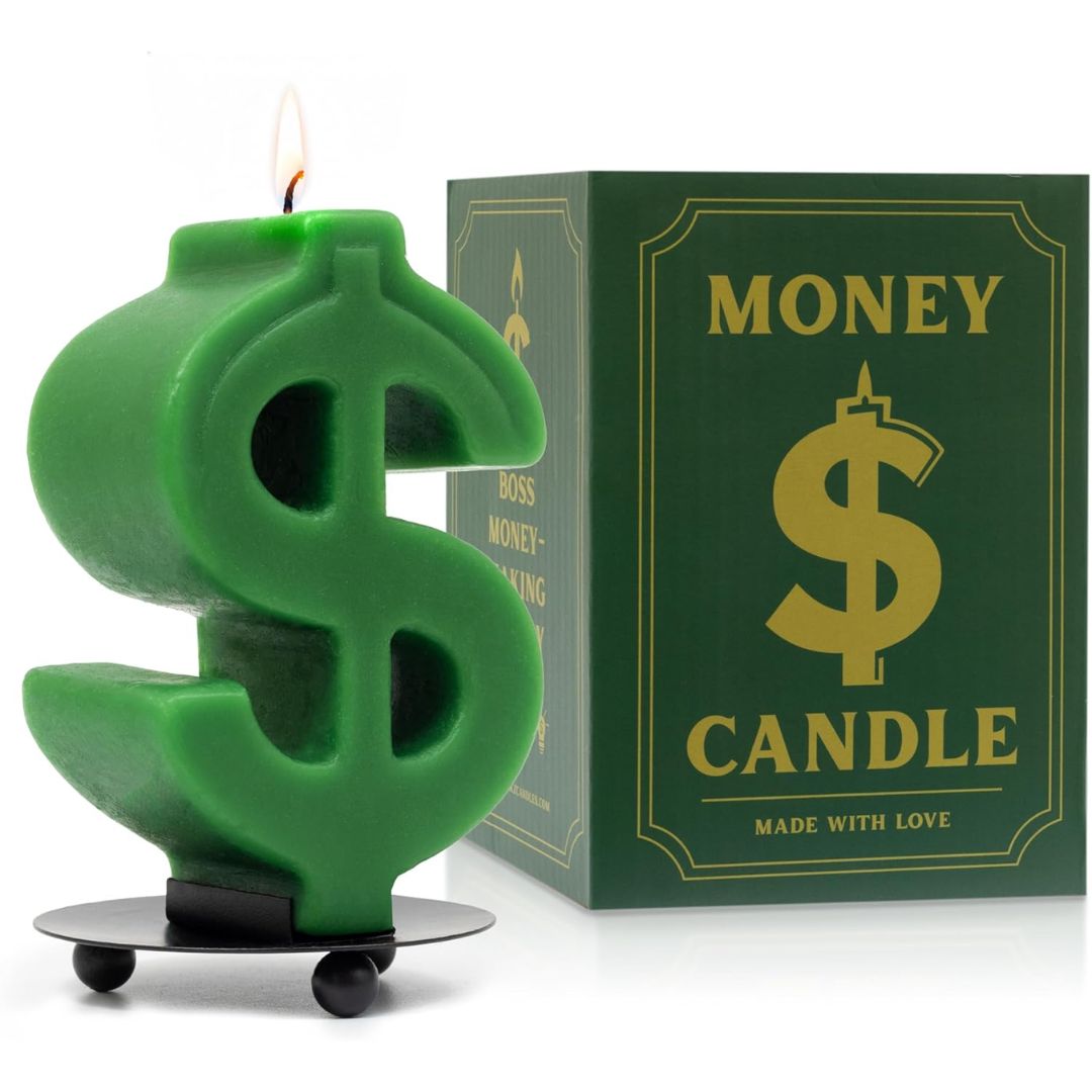 Green dollar sign candle with a matching box labeled 'Money Candle' on a white background