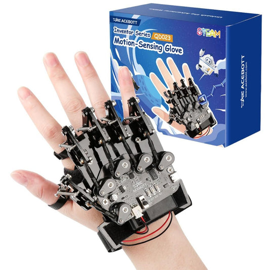 Motion-sensing glove with visible wiring on a hand, next to its packaging box.