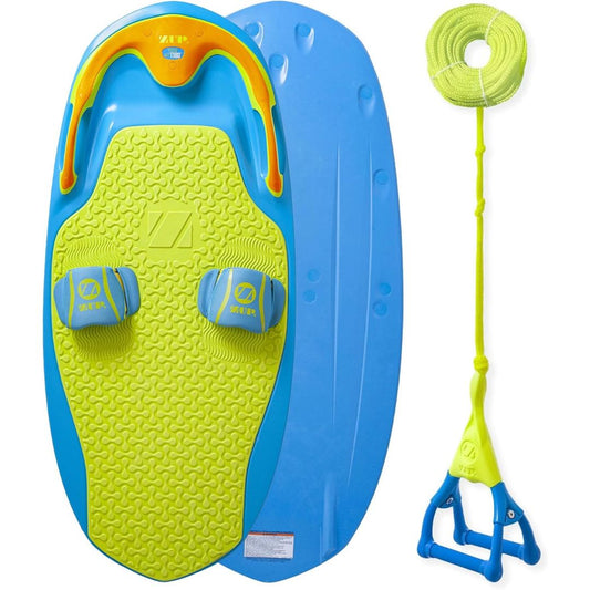 Blue and green multi-sport tow board with EVA foam padding, foot straps, tow rope and handle