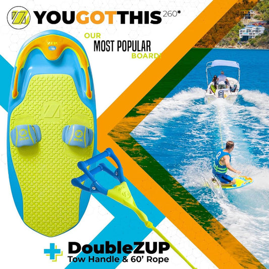 Multi-sport tow board and handle combo shown with rider being pulled behind a boat on the water