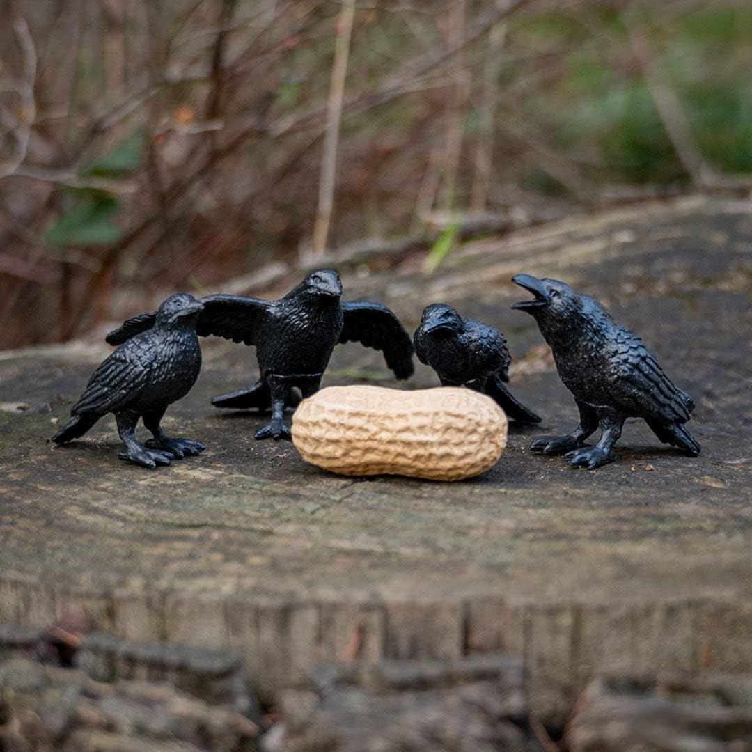 Four black crow figurines gathered around a peanut on a wooden surface with a natural background.