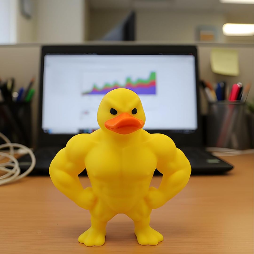 A muscular yellow rubber duck toy standing on a wooden desk in front of a blurred laptop computer in an office setting.