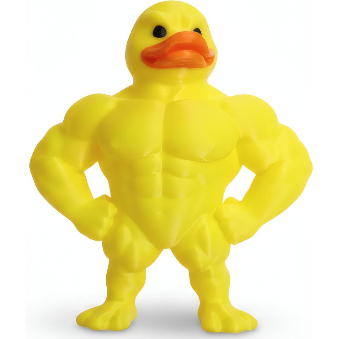 A yellow rubber duck styled with a muscular human body, featuring defined biceps, abs, and legs, with an orange beak and black eyes, standing with hands on hips against a white background.