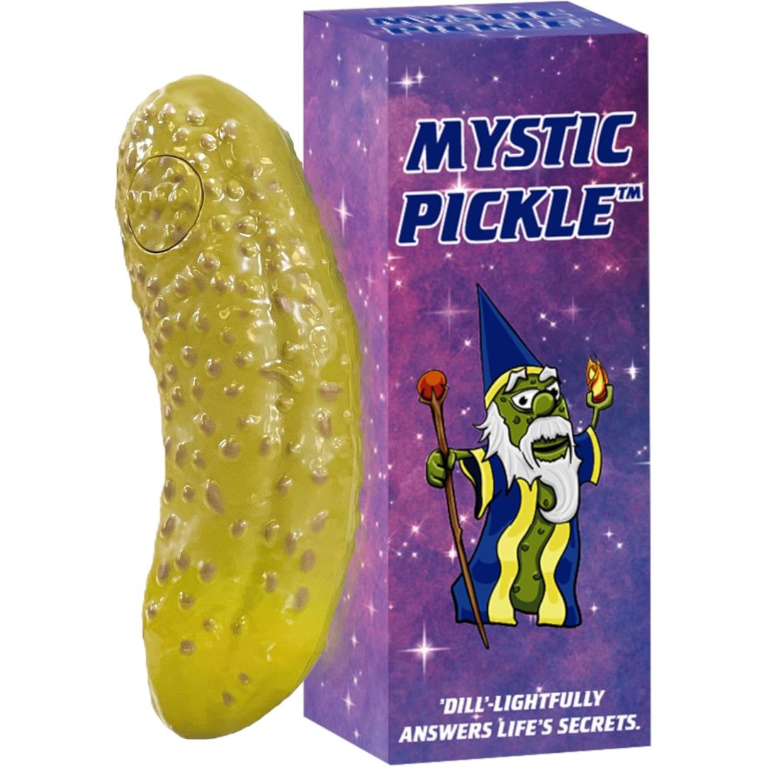 Mystic Pickle with packaging featuring a cartoon pickle character on a purple background