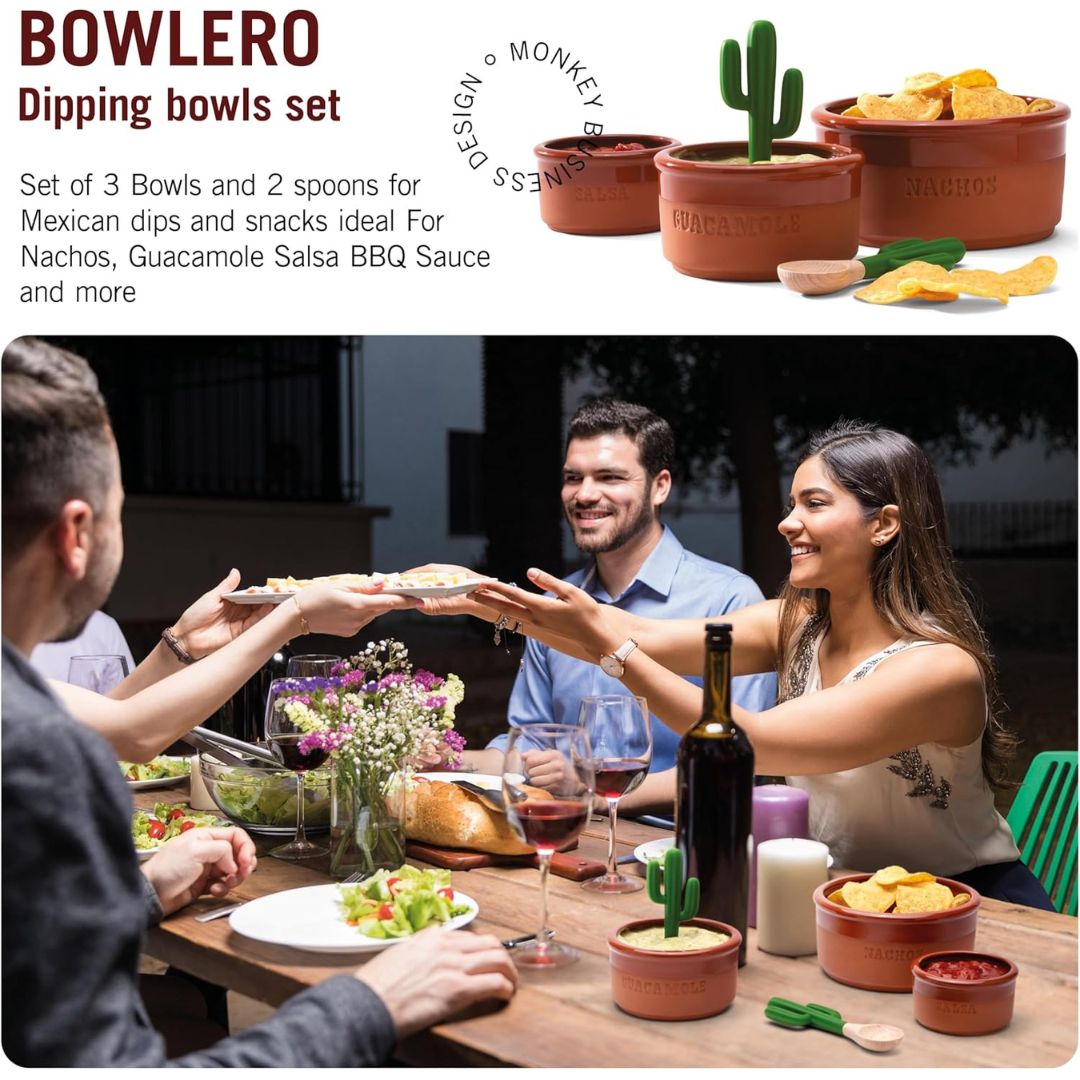 Bowlero dipping bowl set with three labeled bowls and cactus utensils shown on a dinner table with friends enjoying a meal outdoors.