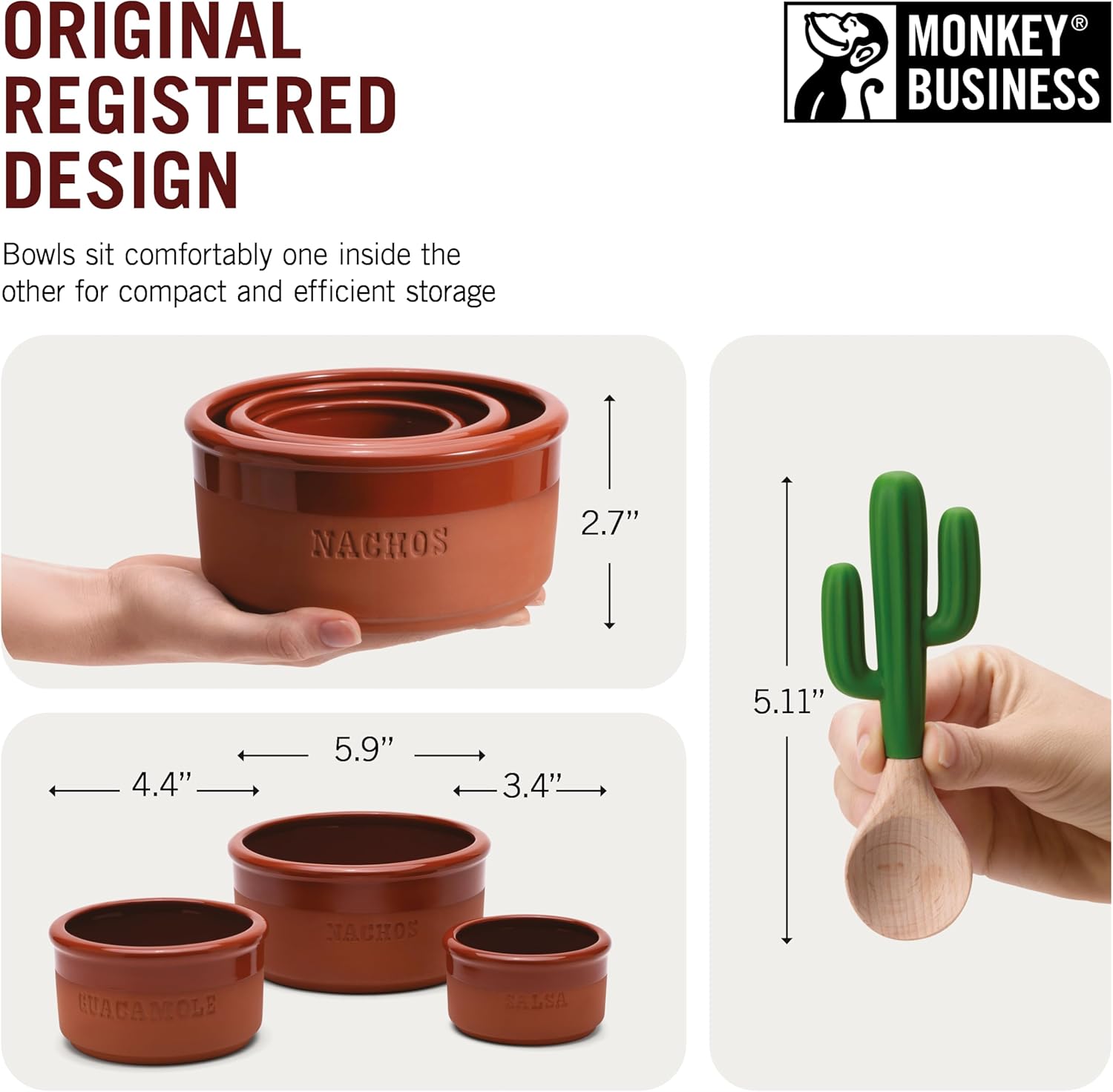 Stackable terracotta-style bowls labeled Nachos, Guacamole, and Salsa with size dimensions, and a cactus-handled wooden spoon held in hand.