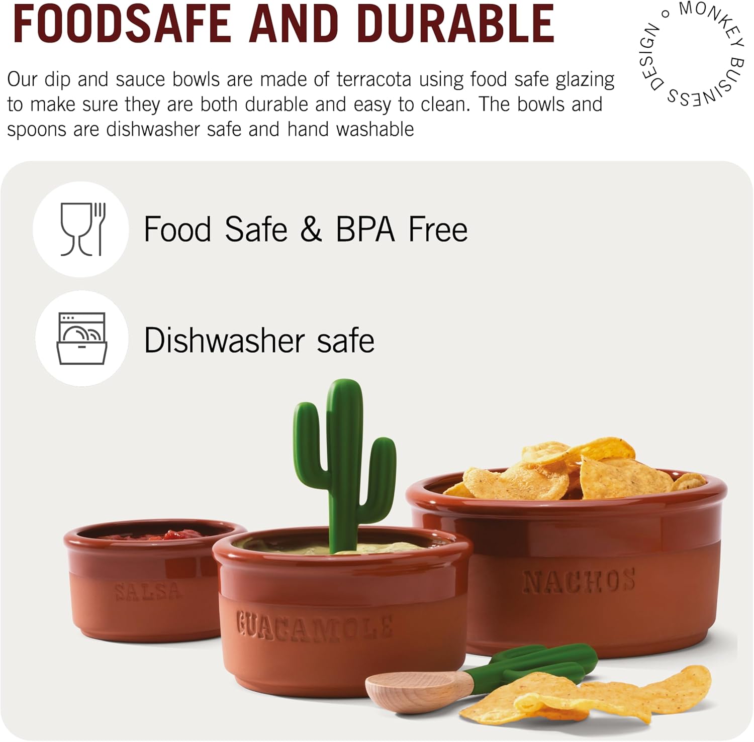 Three labeled terracotta bowls for salsa, guacamole, and nachos with cactus-shaped spoons, shown with food and dishwasher-safe and BPA-free icons.