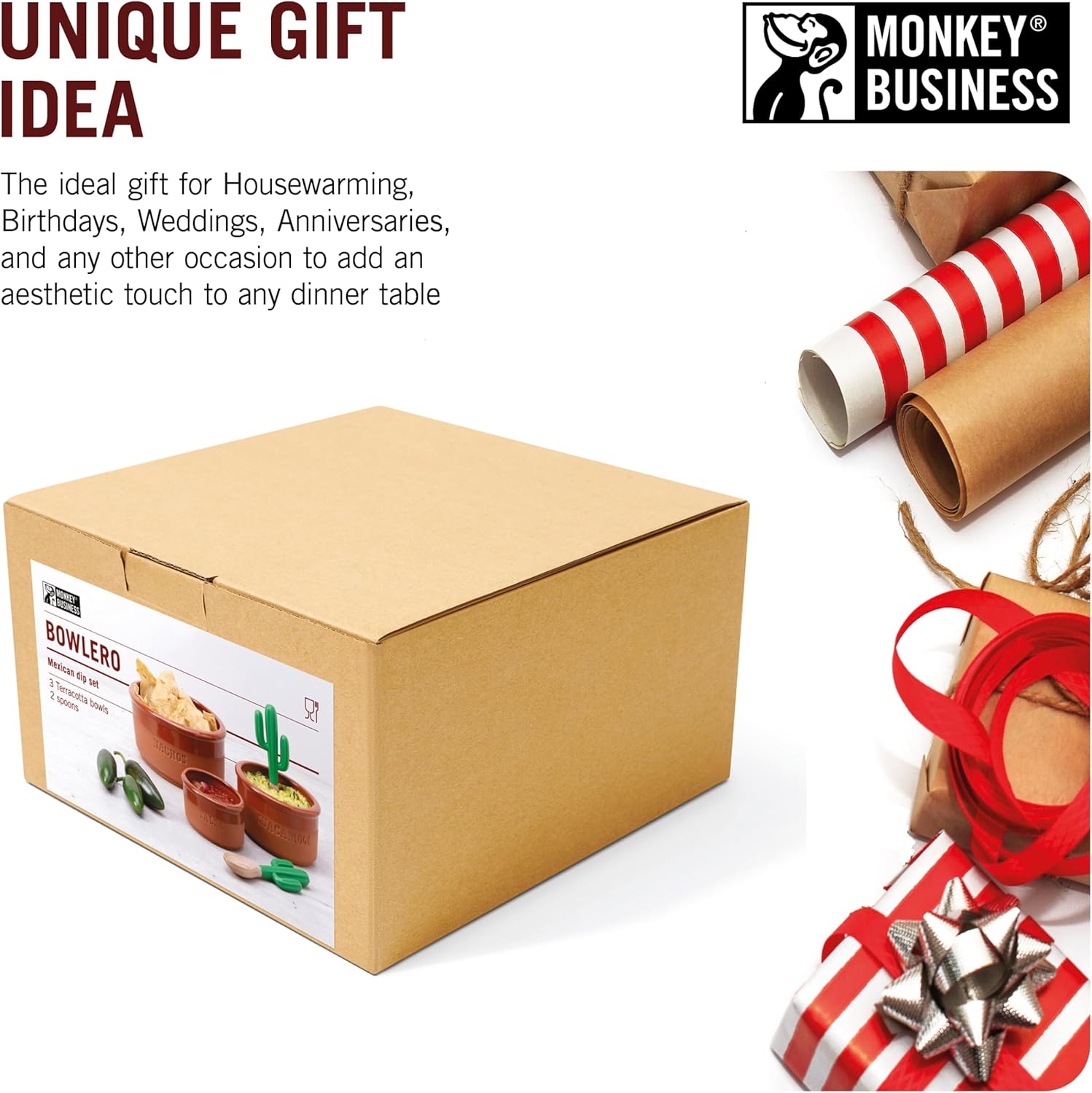 Gift box of terracotta serving bowls with cactus spoons, ideal for special occasions, shown with wrapping paper, ribbon, and a wrapped present.