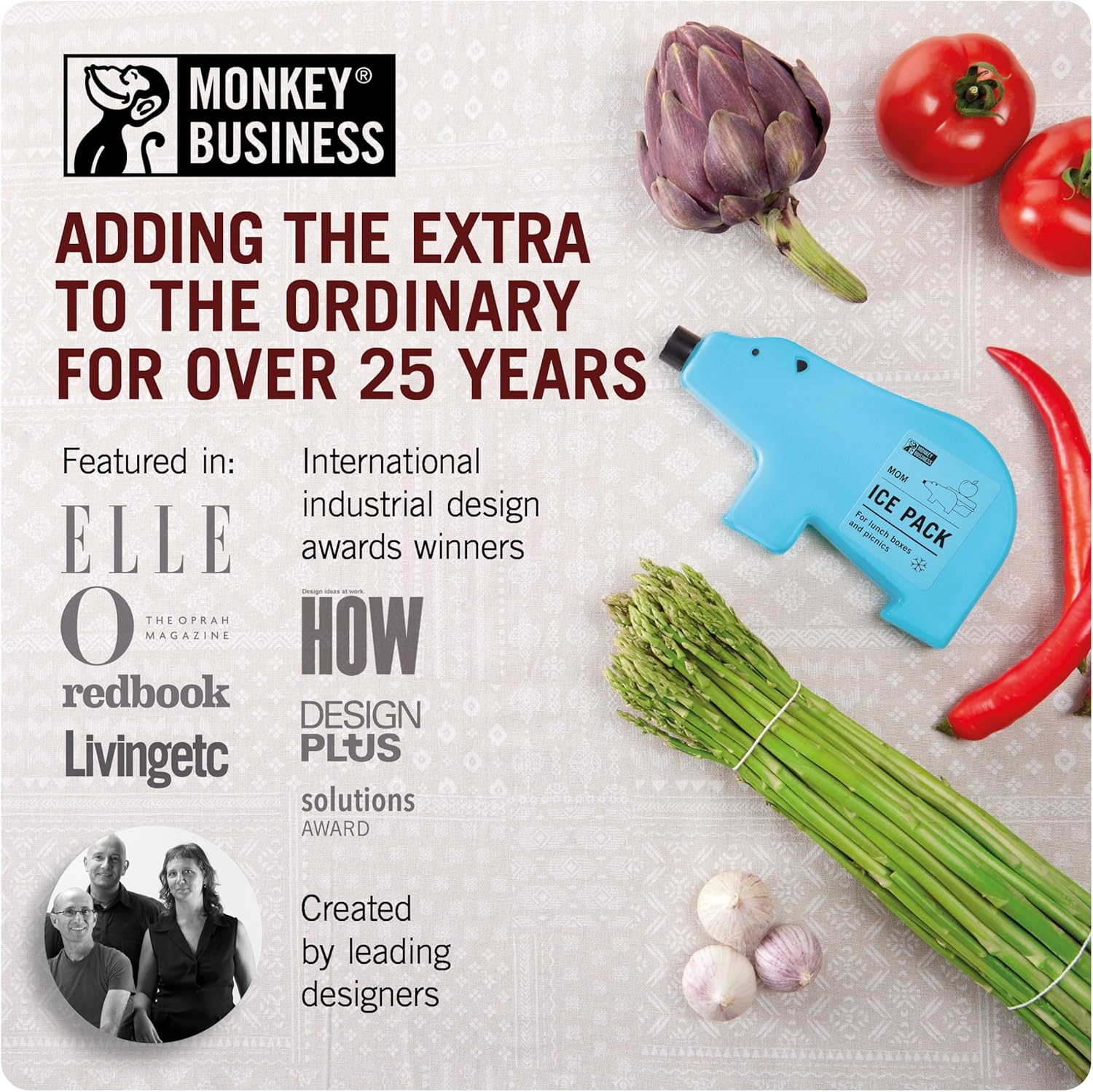 Monkey Business celebrates 25+ years of creative design, featuring awards and press mentions, alongside vegetables and a blue bear-shaped ice pack.