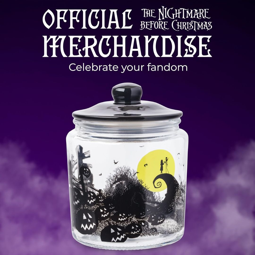 The Nightmare Before Christmas candy jar on a purple background with “Official Merchandise” and “Celebrate your fandom” text.