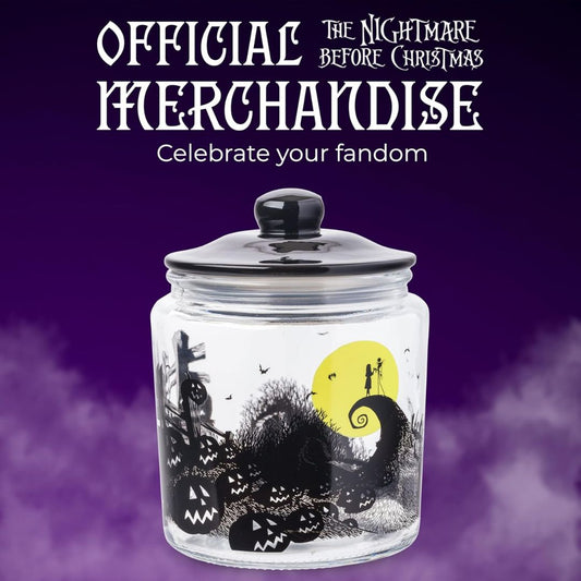 The Nightmare Before Christmas candy jar on a purple background with “Official Merchandise” and “Celebrate your fandom” text.