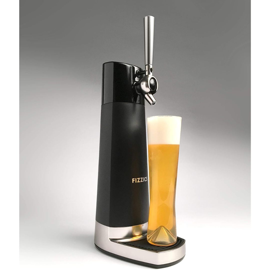 A nitro style beer dispenser tap with a full glass of beer on a light gray and white background