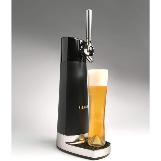 A nitro style beer dispenser tap with a full glass of beer on a light gray and white background