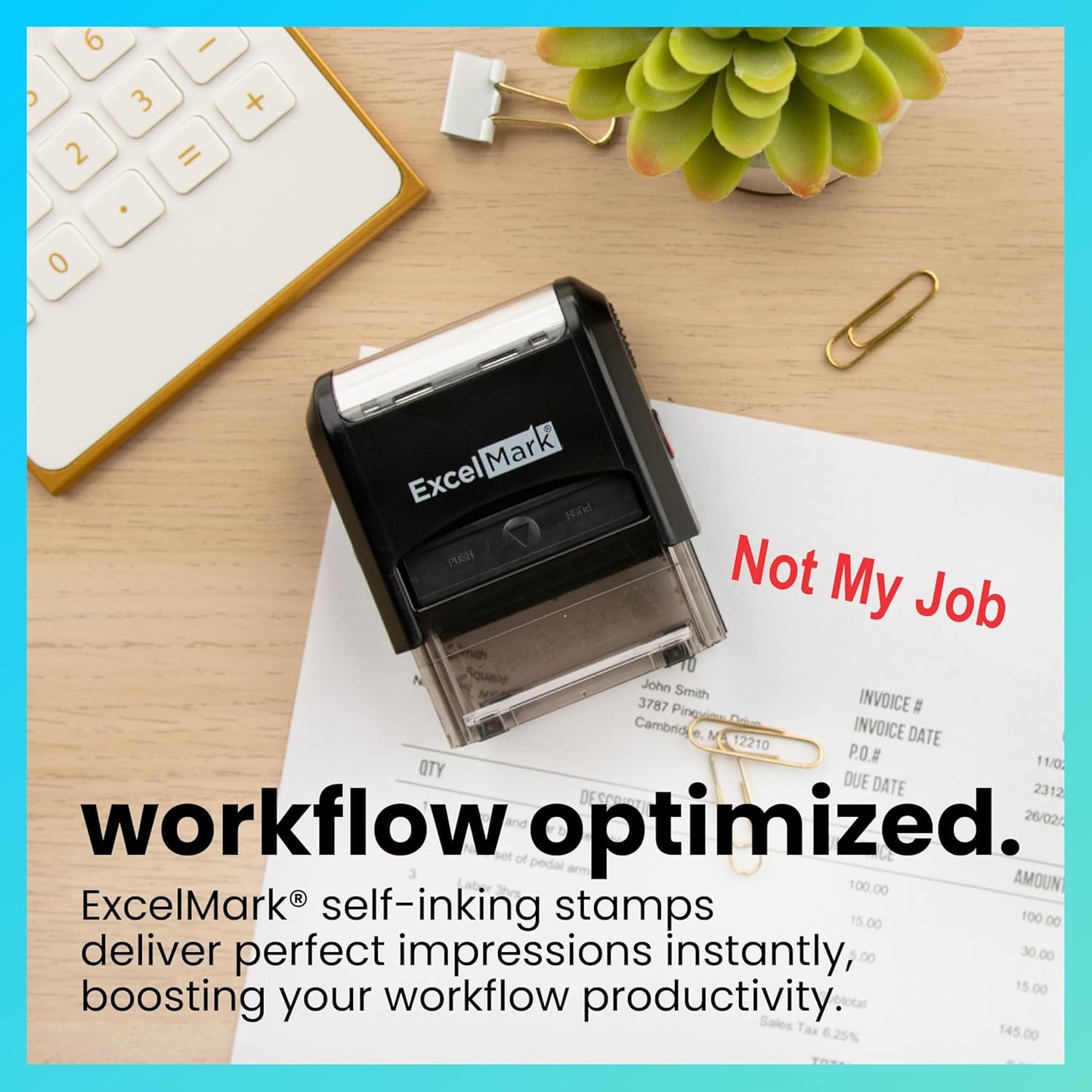 ExcelMark self-inking stamp on a desk with office supplies and text about workflow optimization.