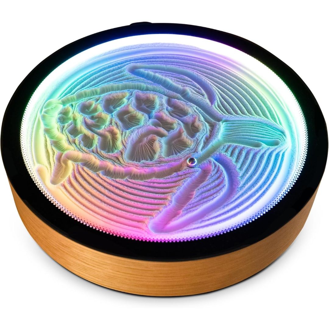 Oasis Mini bamboo kinetic sand art table creating a colorful sea turtle pattern in illuminated sand