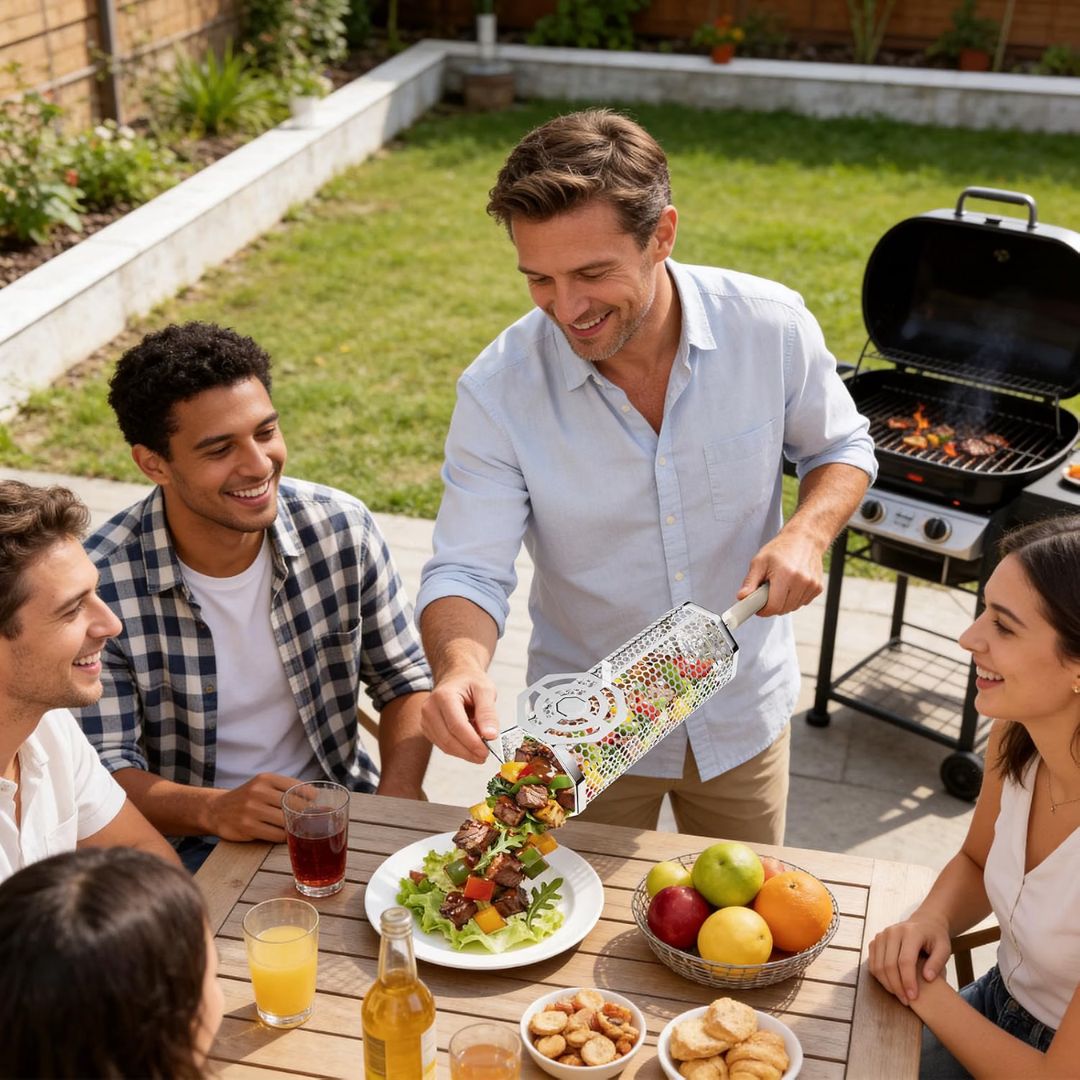 A man in a light blue shirt serves vegetables from a silver octagonal bbq grill basket at an outdoor patio dining table, surrounded by friends and a black charcoal grill in the background.