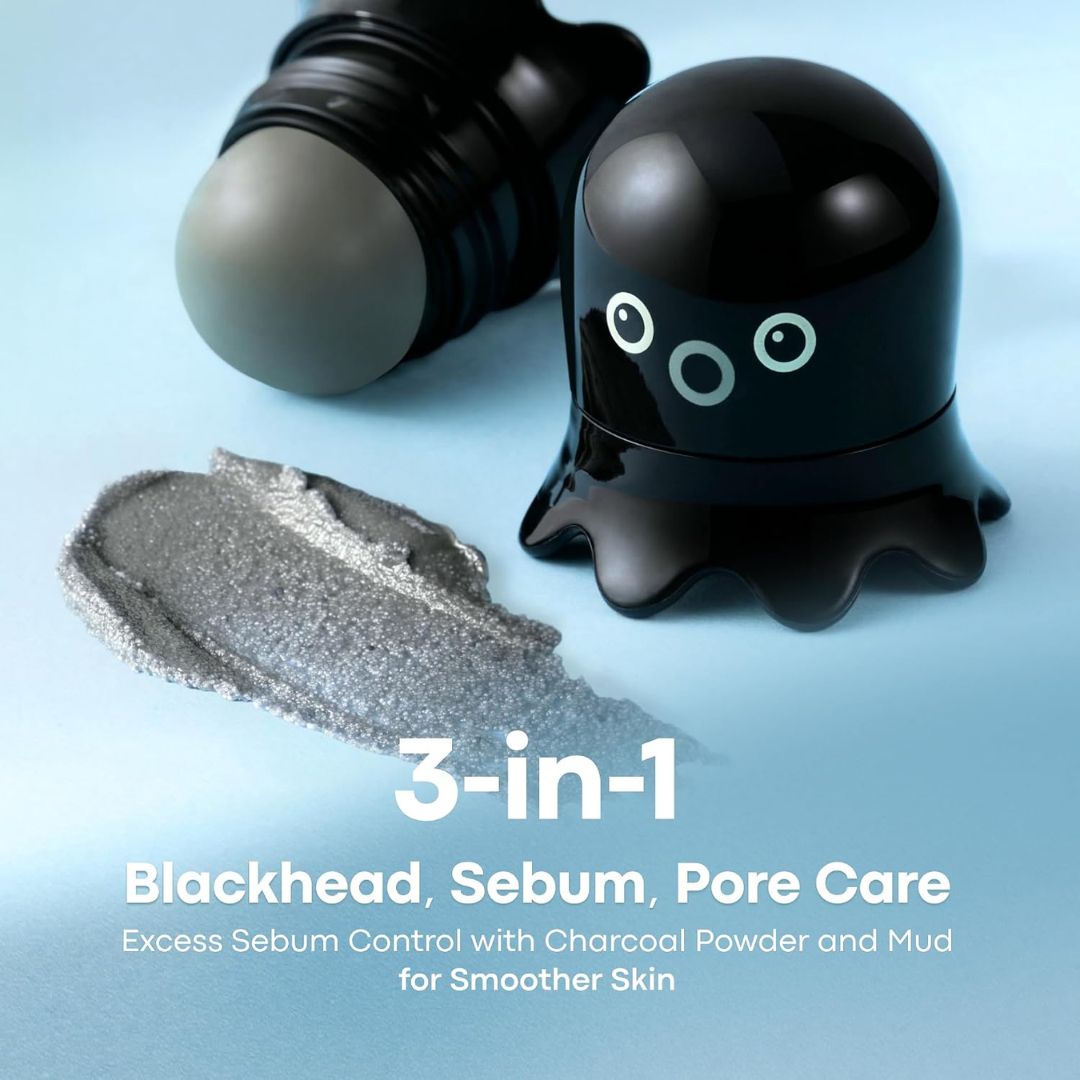 Blackhead removal product shaped like an octopus with charcoal powder on a light blue background