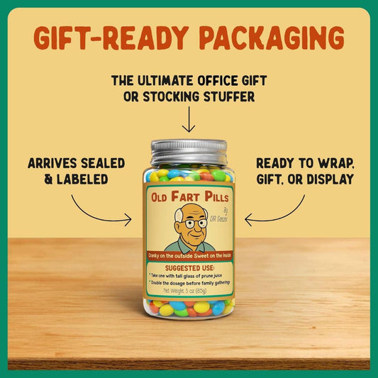 Jar of 'Old Fart Pills' with packaging instructions on a wooden surface