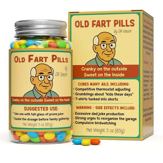 Jar of 'Old Fart Pills' with packaging featuring a cartoon on a white background