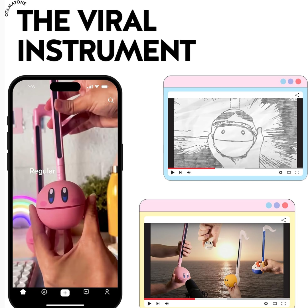 Pink music toy with a screen displaying animated content, held by a hand.