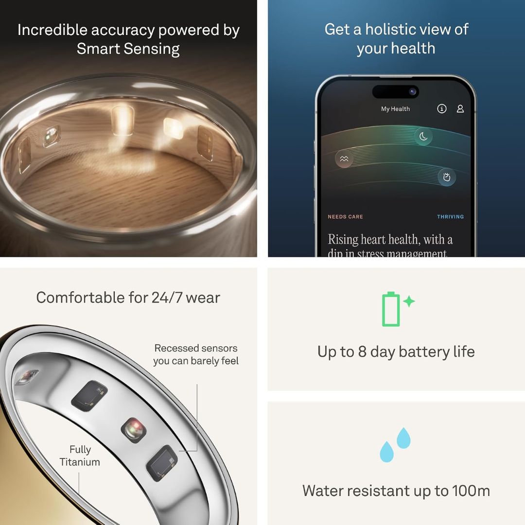 Gold smart ring with health tracking sensors, 8-day battery life, 100m water resistance and companion app