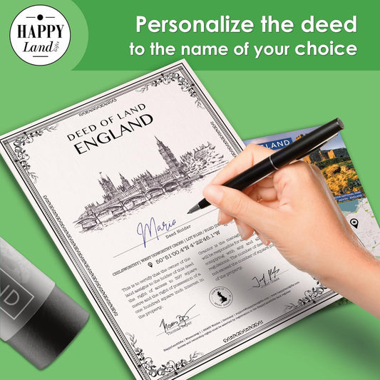 Hand holding a pen over a 'Deed of Land England' document with a green background and 'Happy Land' branding.