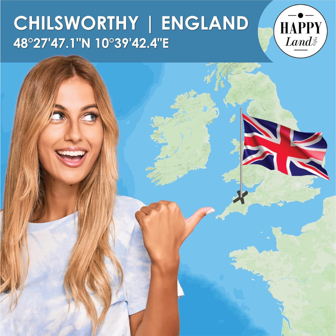 Woman pointing to a map of England with a British flag, featuring coordinates and 'Happy Land' branding.