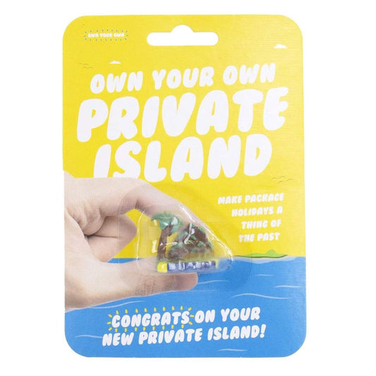 Packaged toy with text 'Own your own private island' on a yellow and blue background