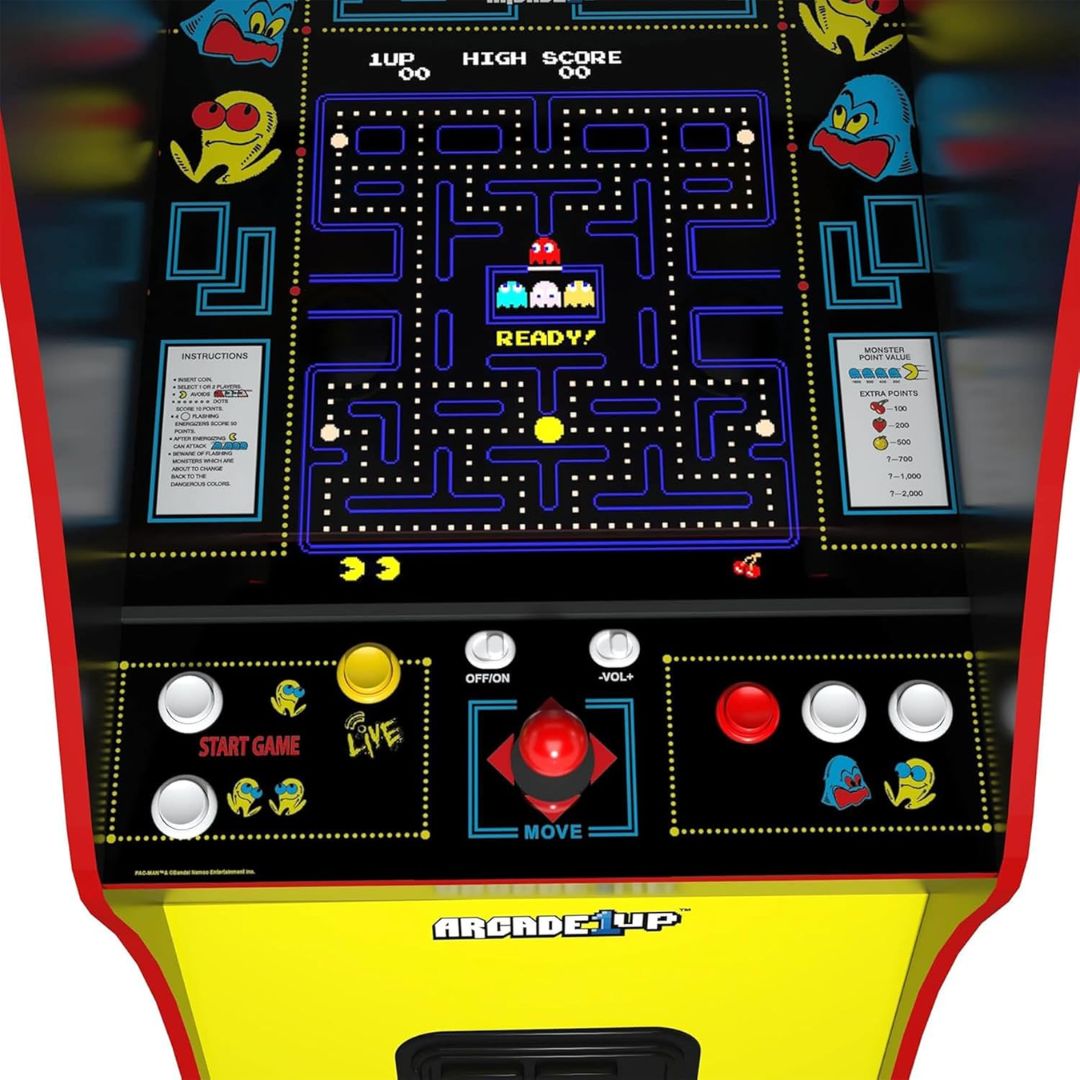 Close-up of an arcade machine with Pac-Man game display