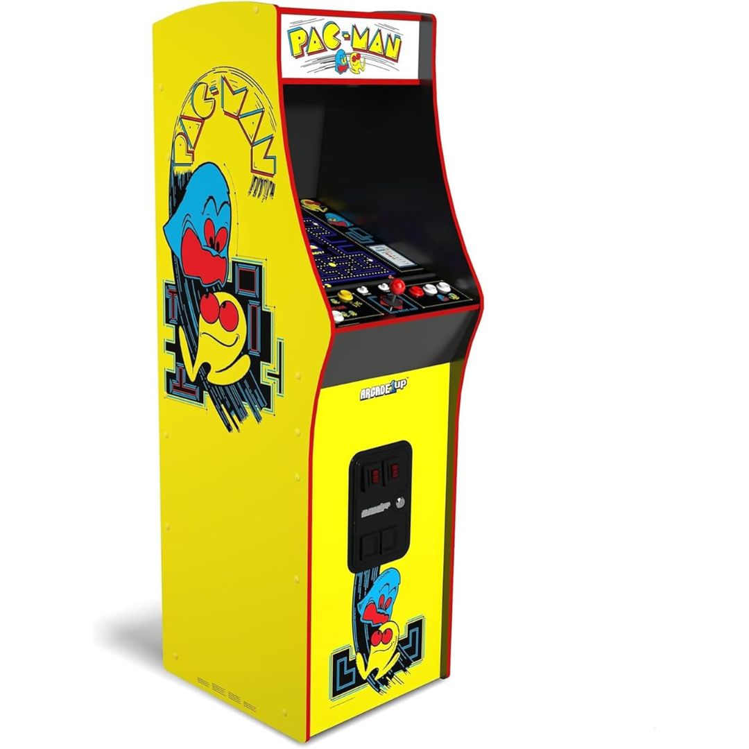 Pac-Man arcade machine with yellow cabinet and character graphics on a white background
