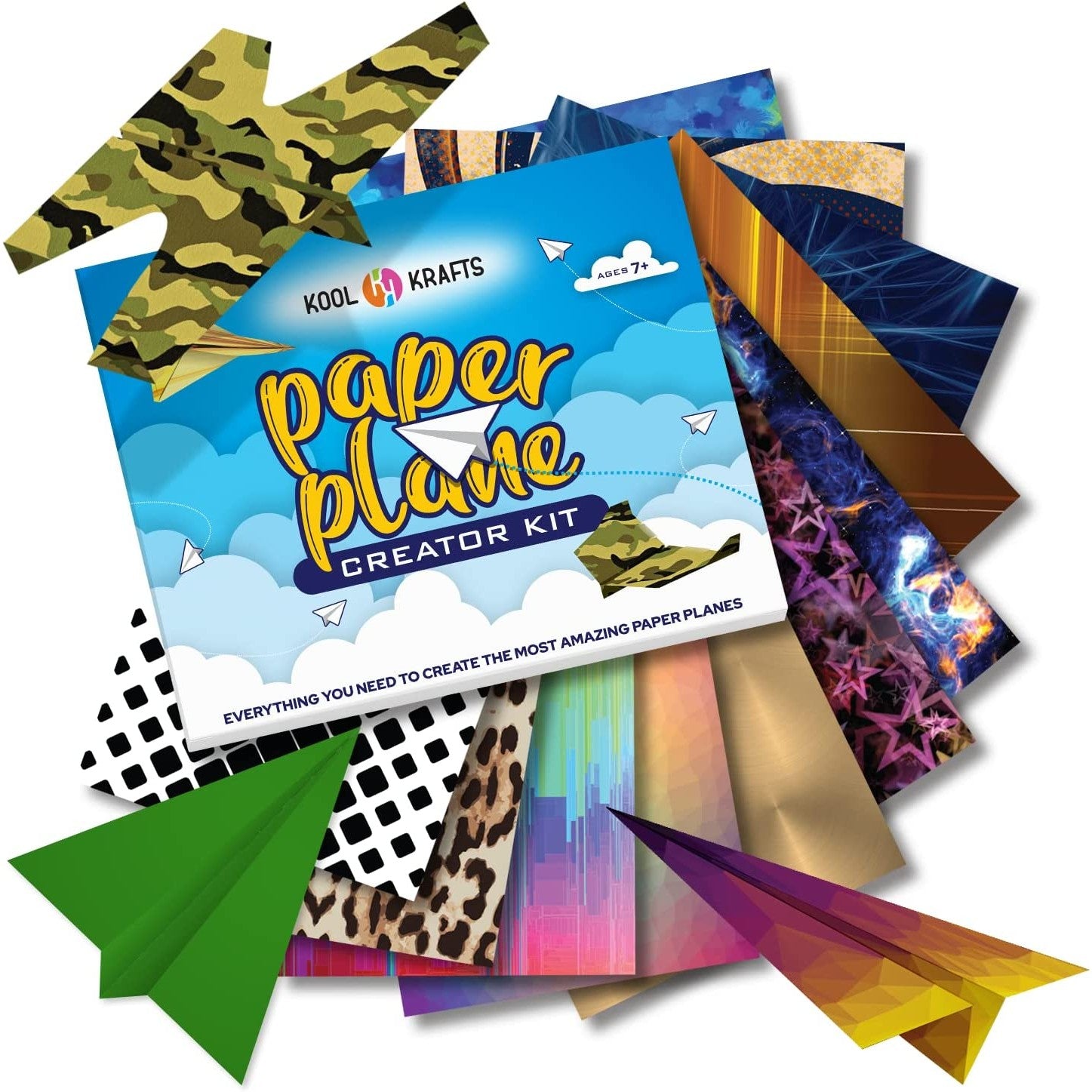All the colorful contents for a paper plane creator kit.