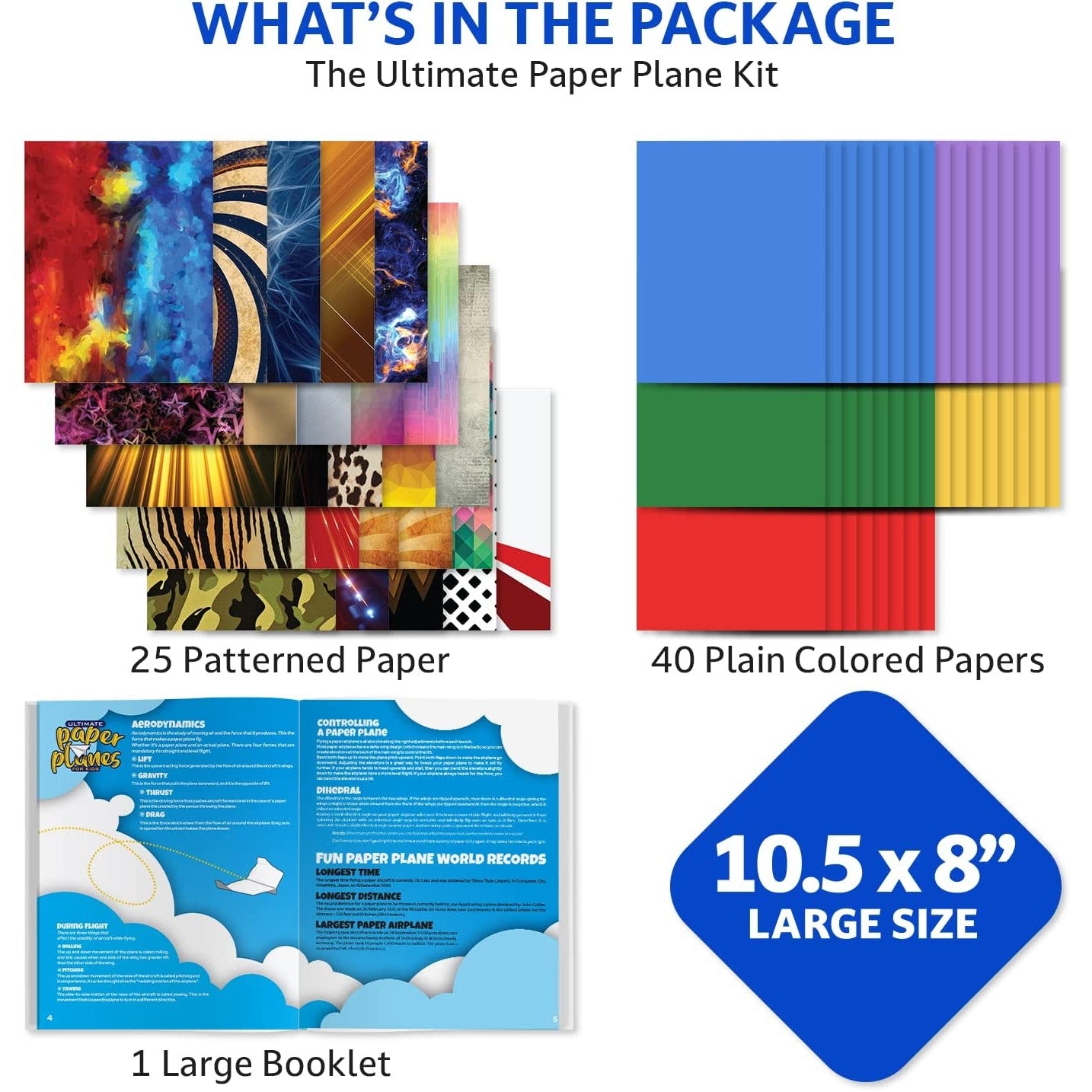 All the contents that are included with the paper plane creator kit. The kit includes 25 patterned paper sheets, 40 plain colored paper sheets and a large instruction booklet.