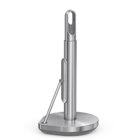 Stainless steel paper towel holder stand with integrated cleaner spray pump and weighted base